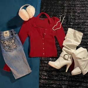 Red long sleeve top with gold buttons and embroidery